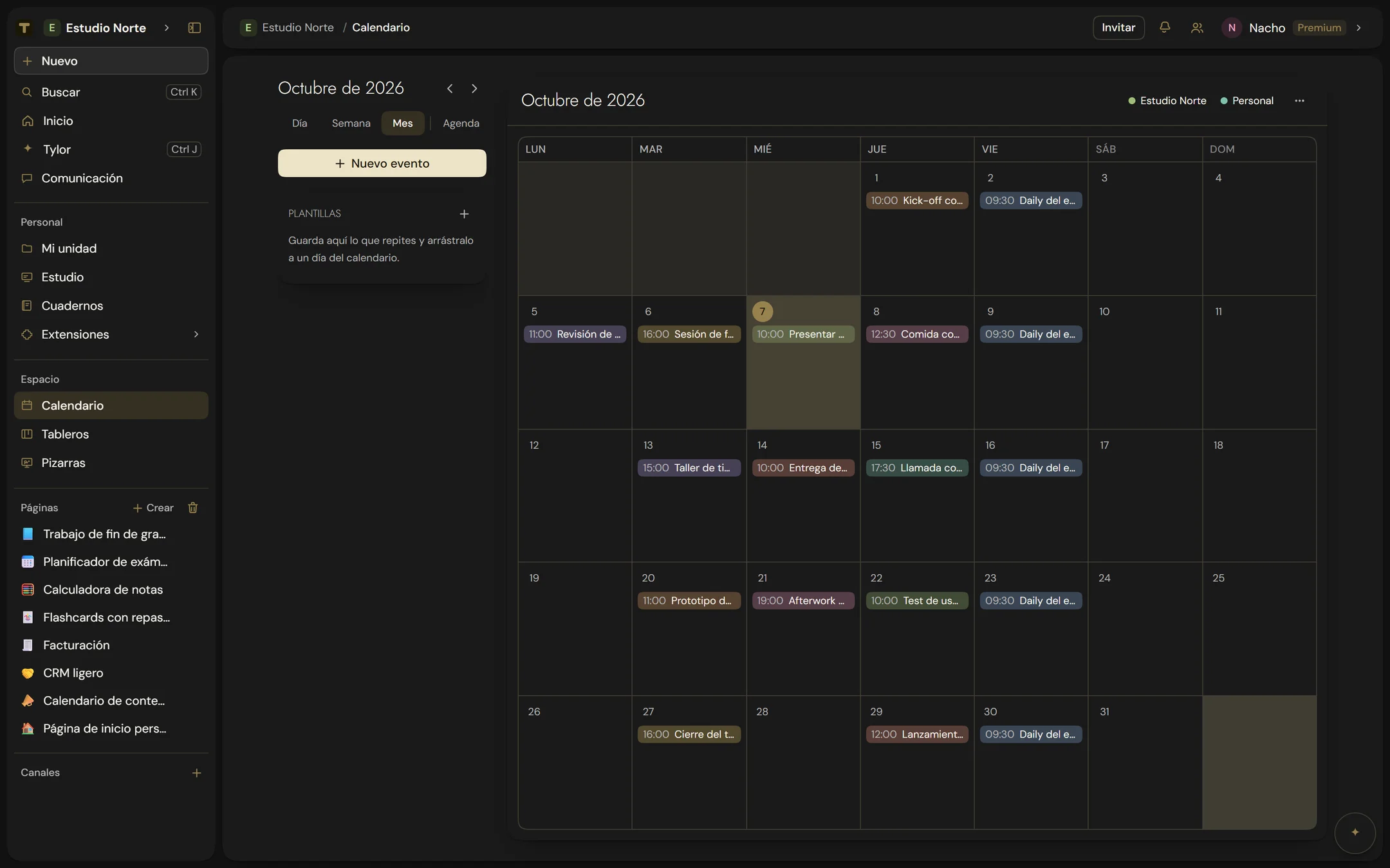Calendario mensual de Tylode con los eventos de octubre de 2026.