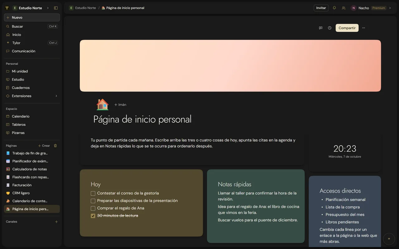 Página de inicio personal en Tylode, con tareas de hoy, notas rápidas y accesos directos.