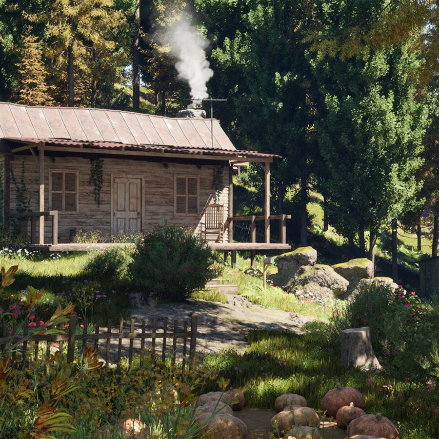 Cabaña de madera entre pinos, con humo saliendo de la chimenea, en Forest Cabins.