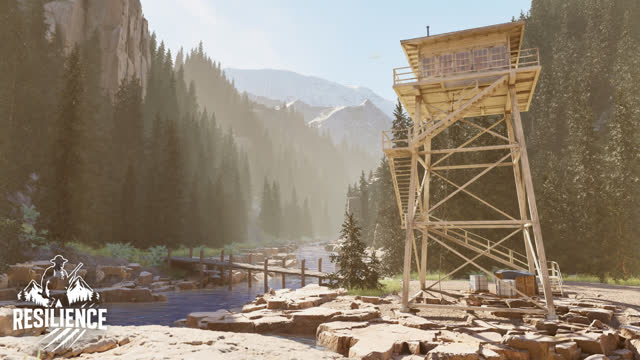 Entorno de Resilience: mirador de madera en un bosque de montaña.