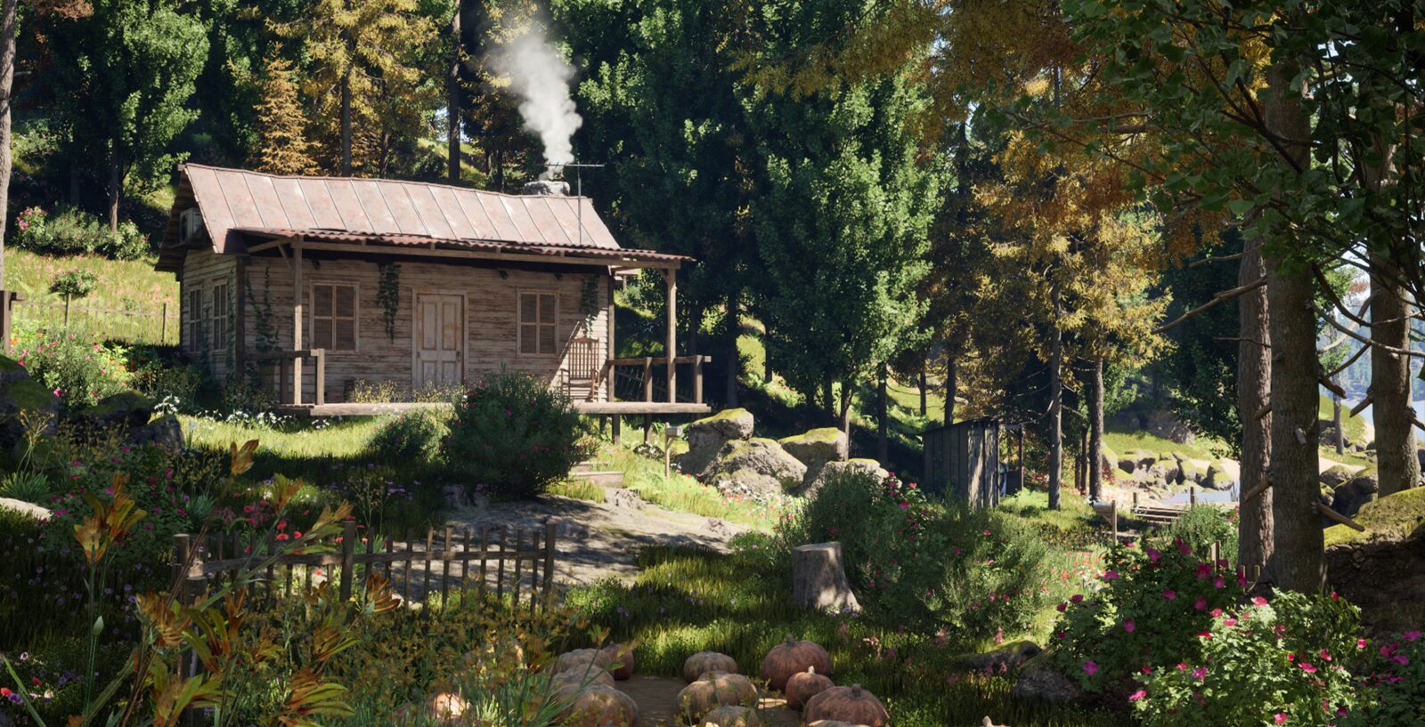 Cabaña principal de Forest Cabins junto al lago, con el porche y el embarcadero al fondo.