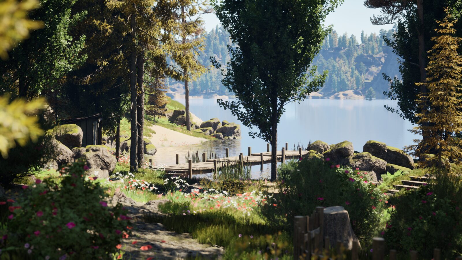 Embarcadero de madera sobre el lago, rodeado de vegetación procedural.
