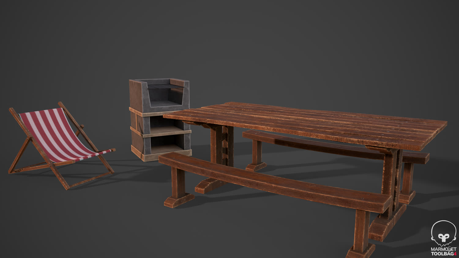 Mobiliario de exterior con los materiales aplicados: tumbona, barbacoa y mesa de picnic.