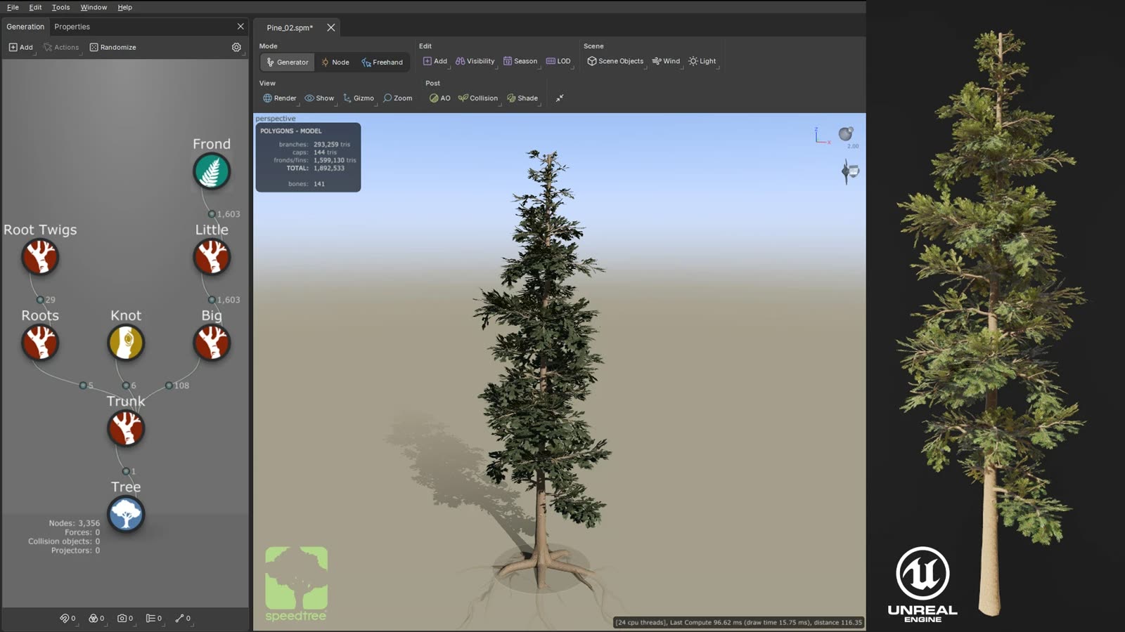 Árboles de SpeedTree usados en la vegetación del poblado.