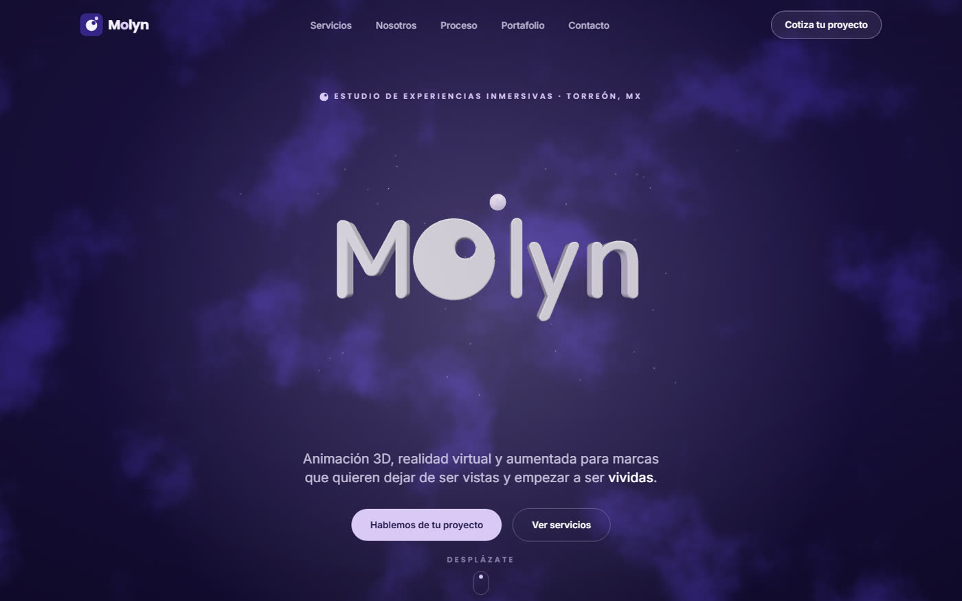 Hero de Molyn con el logotipo 3D interactivo Mölyn sobre fondo de nebulosa morada.