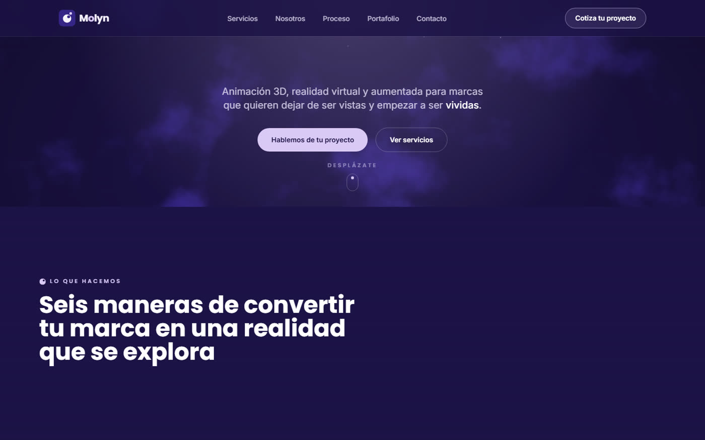 Titular y llamadas a la acción de la home de Molyn, con la sección de servicios debajo.