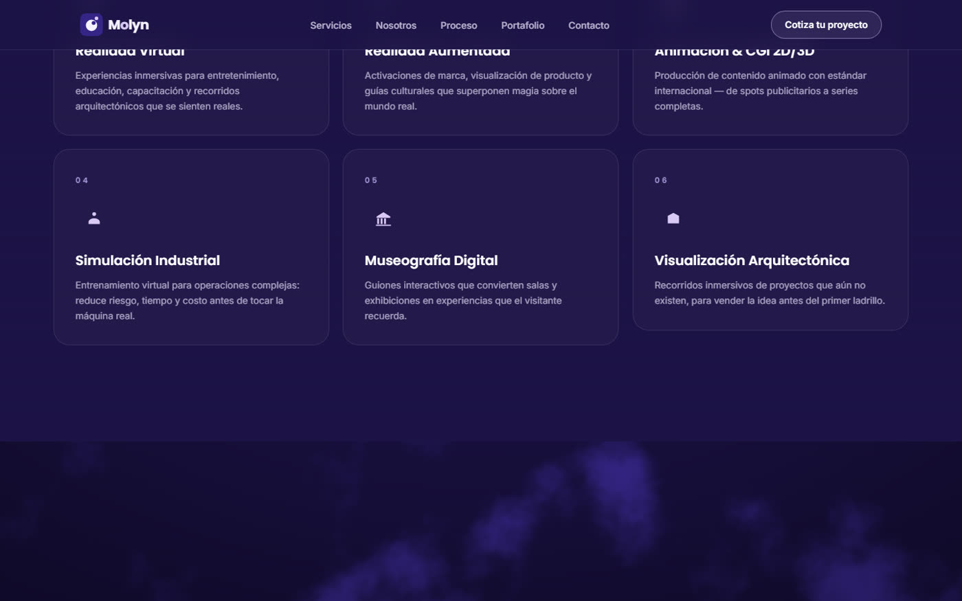 Tarjetas de servicios de Molyn: simulación industrial, museografía digital y visualización arquitectónica.