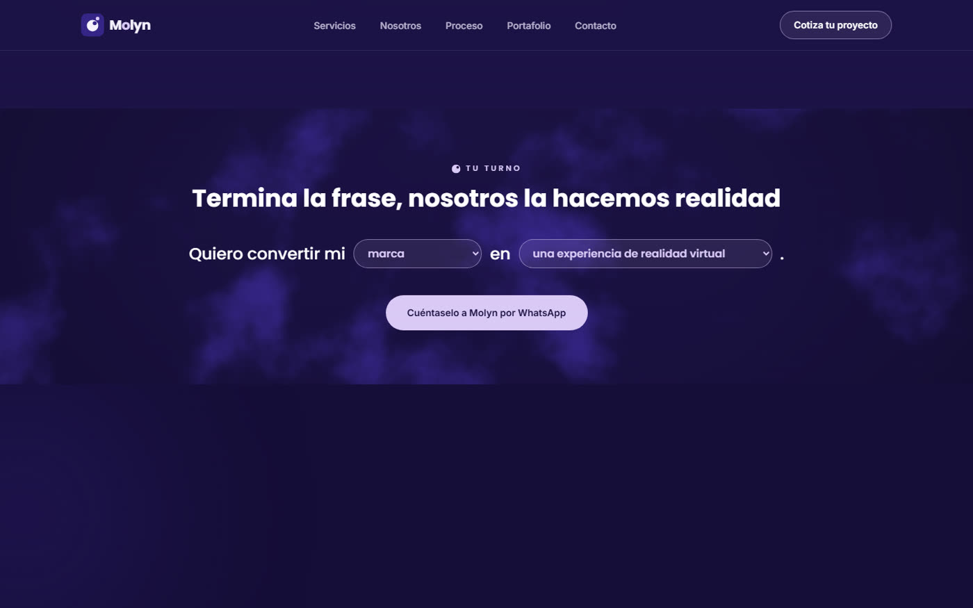 Sección interactiva de Molyn donde el usuario completa una frase y contacta por WhatsApp.