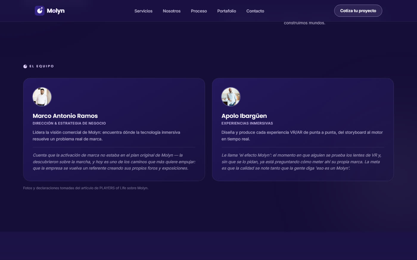 Sección de equipo de Molyn con los perfiles de sus fundadores.