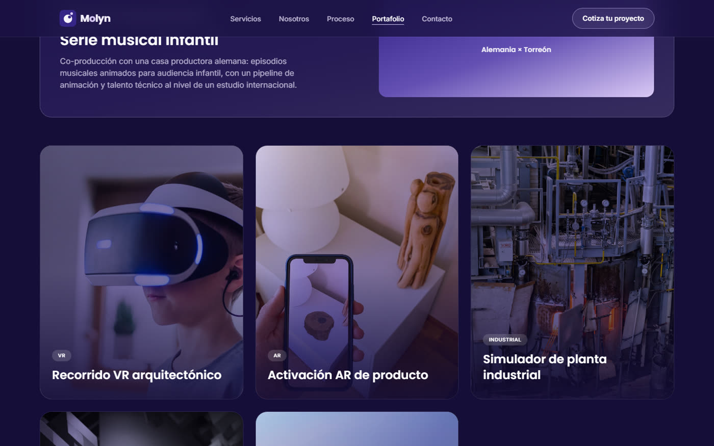 Portafolio de Molyn con proyectos de realidad virtual, aumentada e industrial.